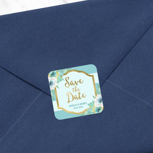 Mint and Faux Gold Floral Save the Date Square Sticker