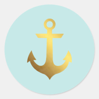 Mint and Faux Gold Foil Anchor Classic Round Sticker