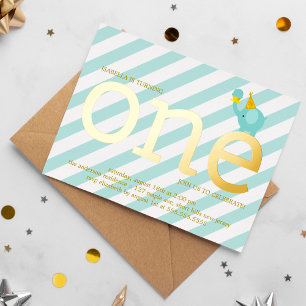 Mint and Faux Gold Foil Elephant Birthday Party In Invitation
