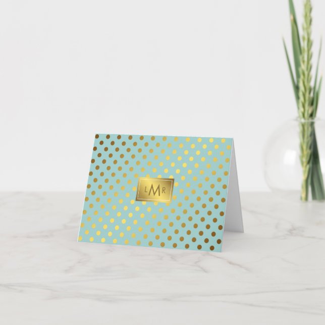 Mint and Faux Gold Foil Polka Dots Monograms Note Card (Front)