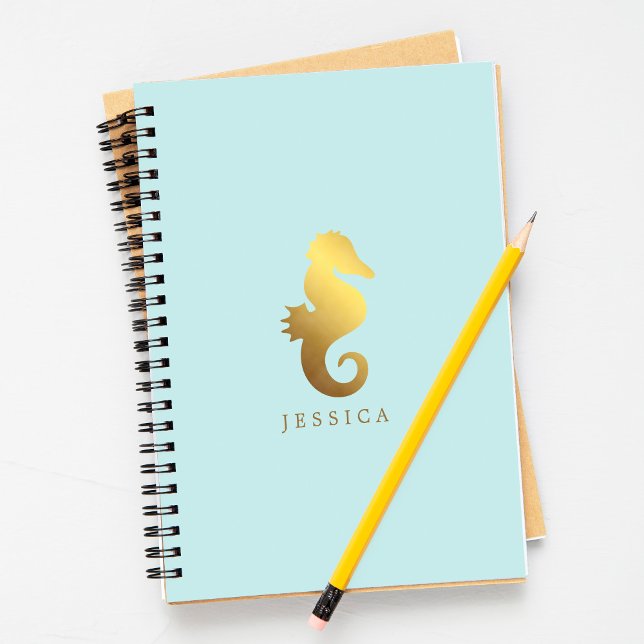 Mint and Faux Gold Foil Seahorse Personalized Notebook (Creator Uploaded)