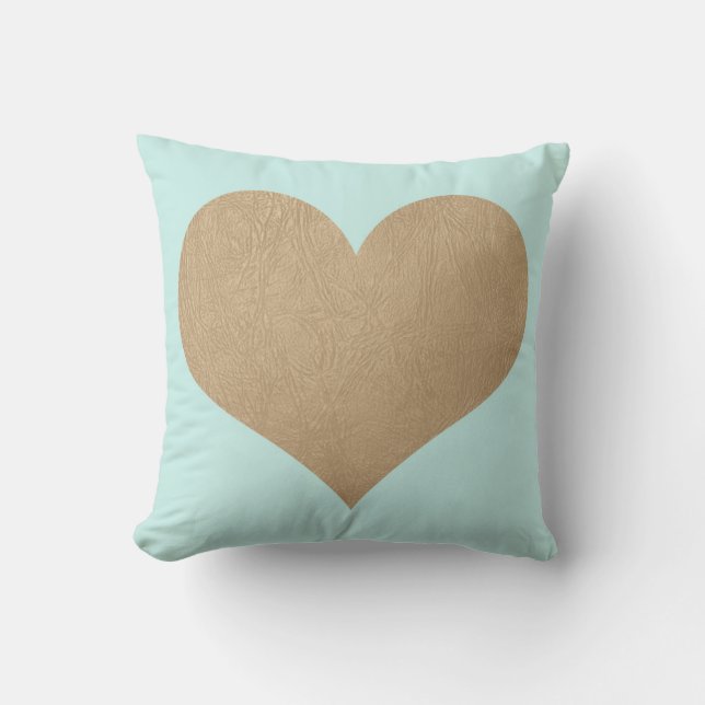 mint and faux gold leather heart throw pillow (Front)