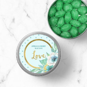 Mint and Faux Gold, Watercolor Floral Wedding Love Classic Round Sticker