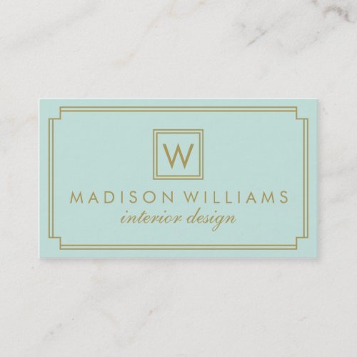 Mint and Gold Art Deco Monogram Business Card