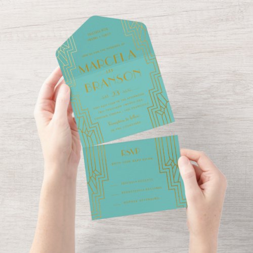 Mint and Gold Art Deco Wedding All In One Invitation