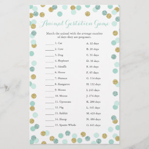 Mint and Gold Baby Shower Animal Gestation Game