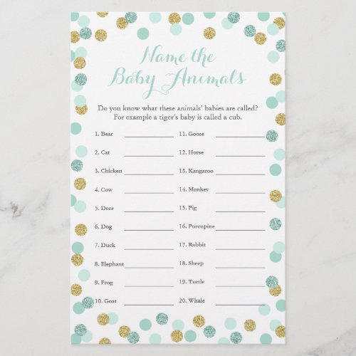 Mint and Gold Baby Shower Baby Animal Name Game