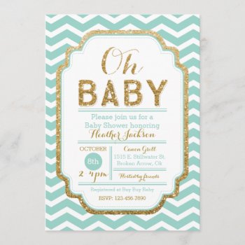 Mint And Gold Baby Shower Invitation Chevron by EllisonReed at Zazzle