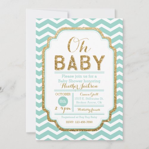 Mint And Gold Baby Shower Invitation Chevron