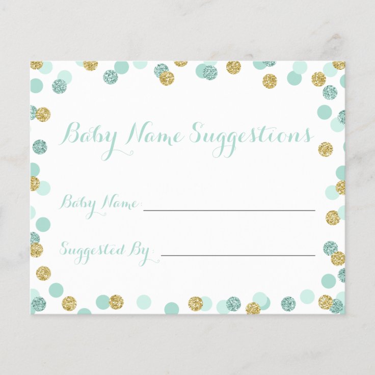 Mint and Gold Baby Shower Name Suggestion Cards Zazzle