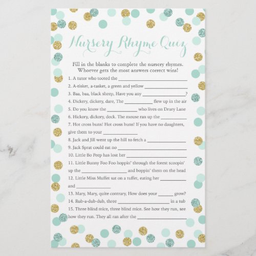 Mint and Gold Baby Shower Nursery Rhyme Quiz