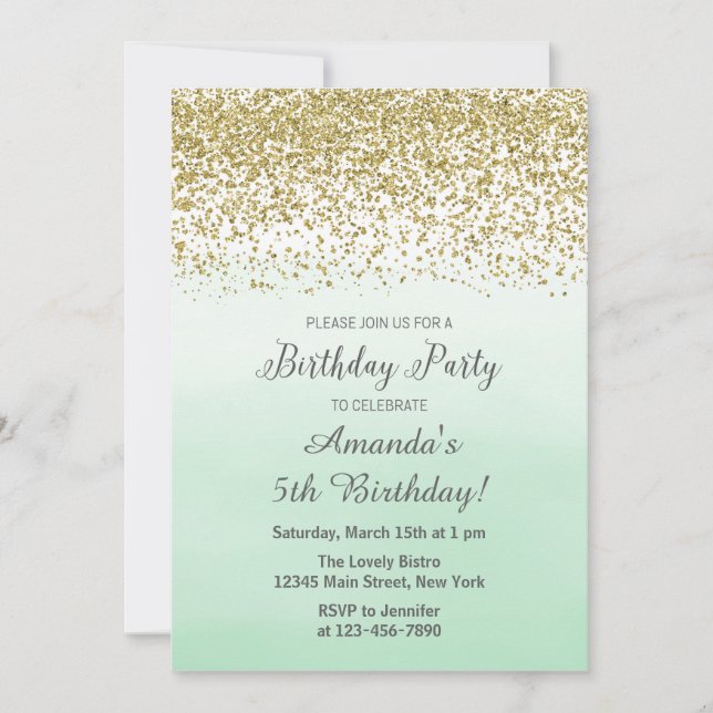 Mint and Gold Birthday Invitation (Front)
