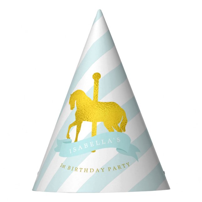 Mint and Gold Carousel Horse Girl's Birthday Party Hat (Front)