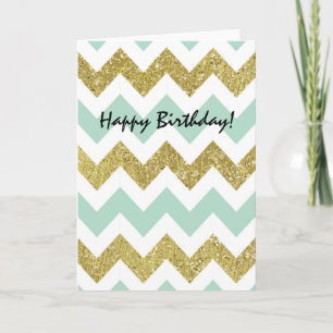 Mint and Gold Chevron Faux Glitter Stripes Card