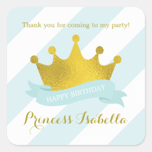 Mint and Gold Crown Princess Birthday Square Sticker
