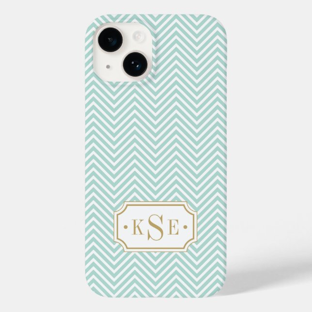 Mint and Gold Elegant Chevron Monogram Case-Mate iPhone Case (Back)
