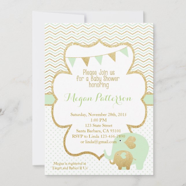 Mint and Gold Elephant Baby Shower Invitation (Front)
