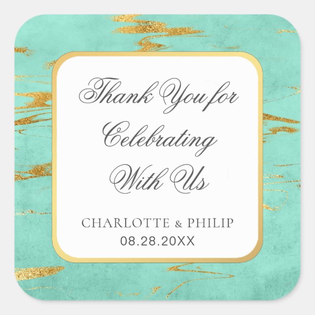 Mint and Gold Faux Foil Thank You Favor Square Sticker (Front)