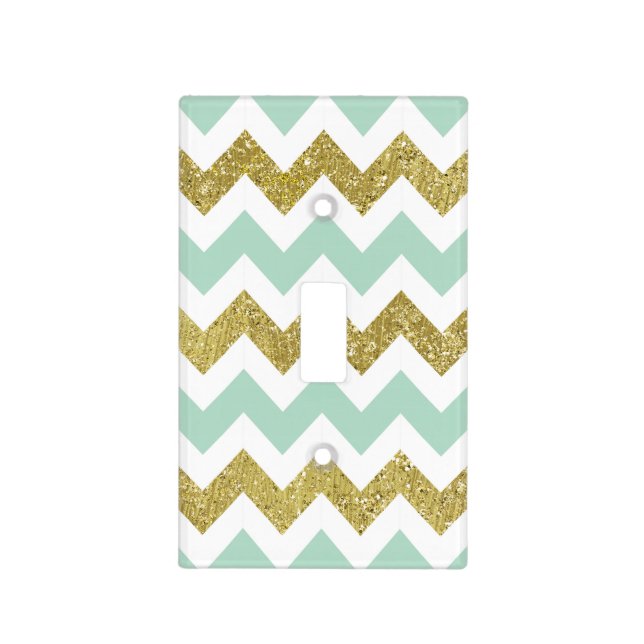 Mint and Gold Faux Glitter Chevron Light Switch Cover (Front)