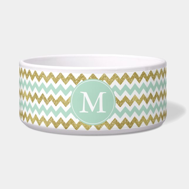 Mint and Gold Faux Glitter Chevron Monogram Bowl (Front)