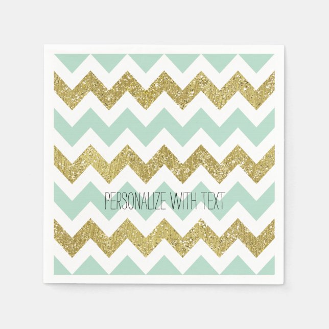 Mint and Gold Faux Glitter Chevron Napkins (Front)