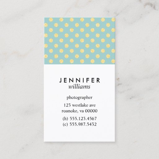 Customizable Mint and Gold Faux Glitter Dots Business Card Template