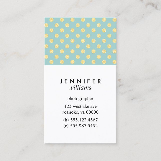 Mint and Gold Faux Glitter Dots Business Card (Front)