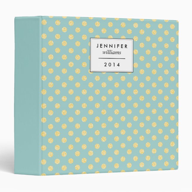 Mint and Gold Faux Glitter Dots Personalized 3 Ring Binder (Front/Spine)