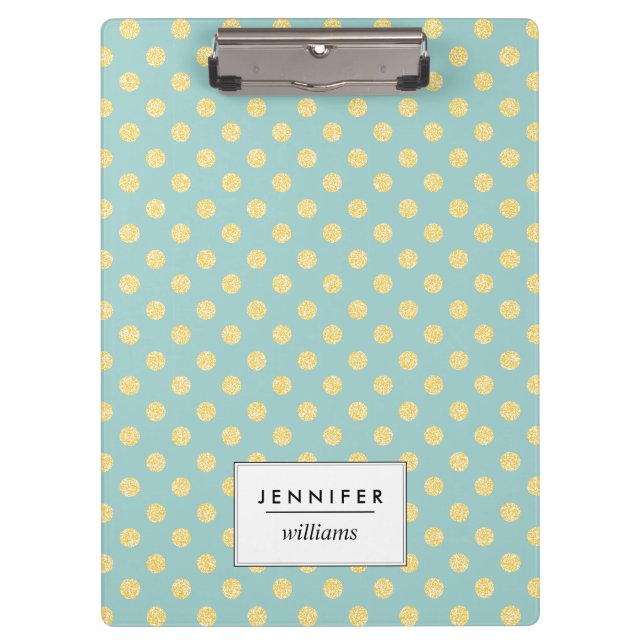 Mint and Gold Faux Glitter Dots Personalized Clipboard (Front)