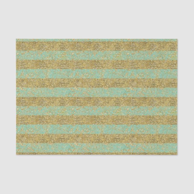 Mint and Gold Faux Glitter Stripes Tissue Paper (Front)