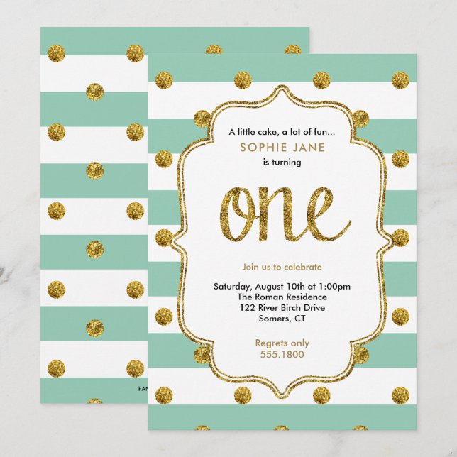 Mint and Gold First Birthday Glitter Invitation (Front/Back)