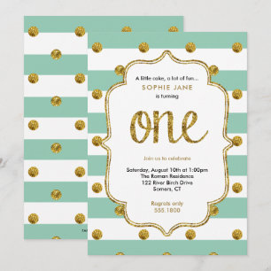 Mint and Gold First Birthday Glitter Invitation