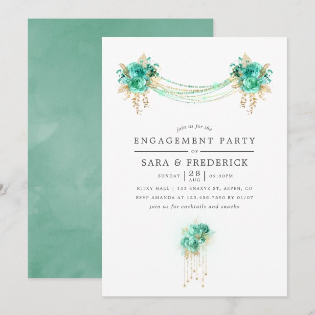 Mint and Gold Floral Lights Engagement Party Invitation (Front/Back)