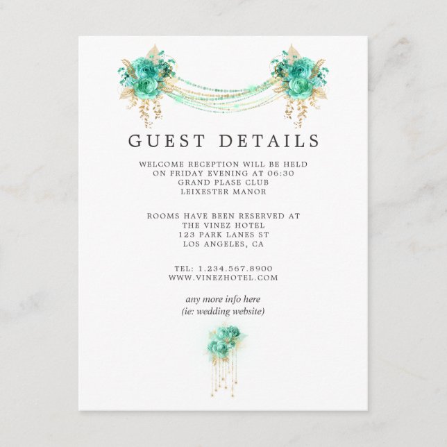 Mint and Gold Floral Lights Wedding Guest Details Enclosure Card (Front)