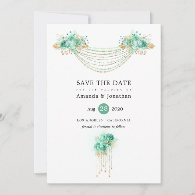 Mint and Gold Floral Lights Wedding Save The Date (Front)