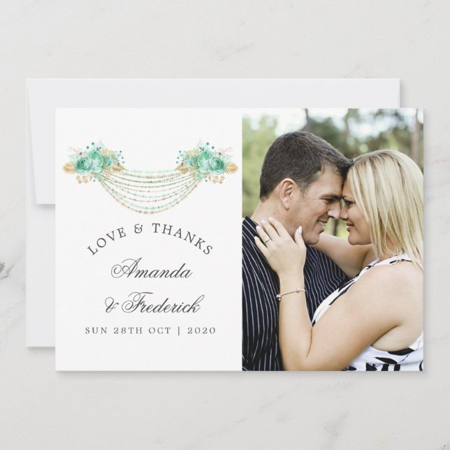 Mint and Gold Floral Lights Wedding Thank You Card (Front)