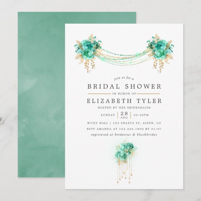 Mint and Gold Floral String Lights Bridal Shower Invitation (Front/Back)
