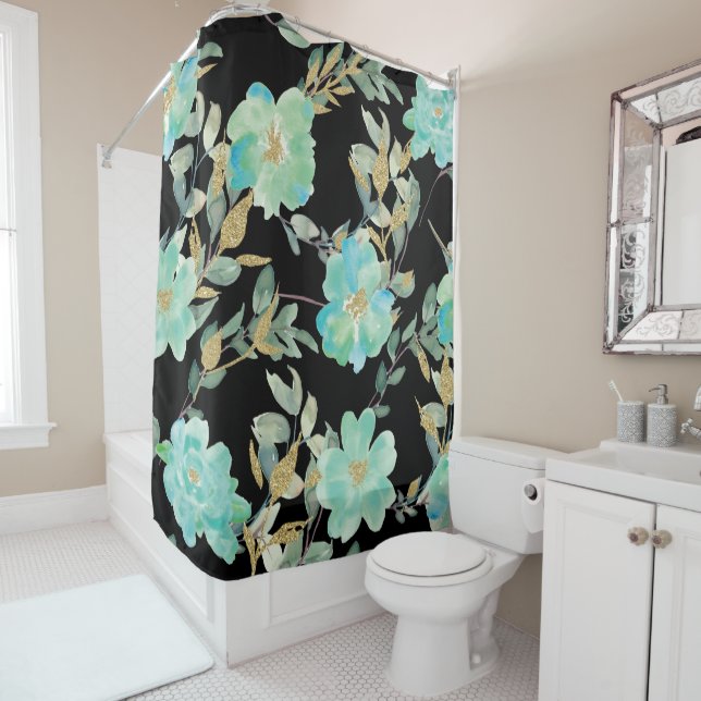 Mint and Gold Flowers on Black Shower Curtain (In Situ)