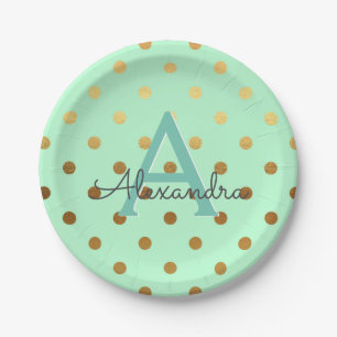 Mint and Gold Foil Polka Dots Monogram Birthday Paper Plates