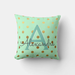 Mint and Gold Foil Polka Dots Monogram Name Throw Pillow