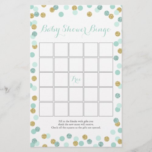 Mint and Gold Glitter Baby Shower Bingo Game Flyer