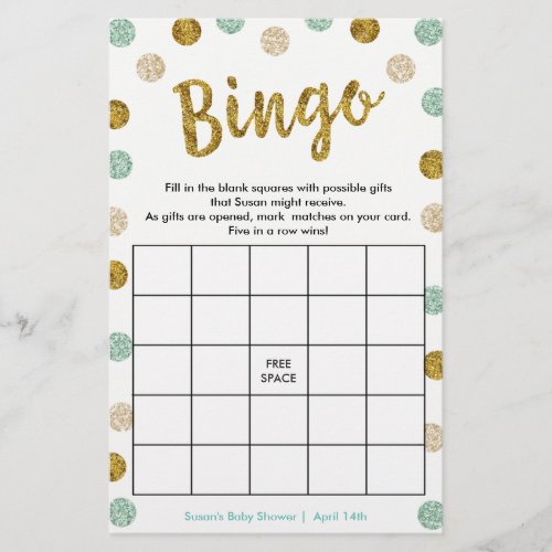 Mint and Gold Glitter Bingo Game Card