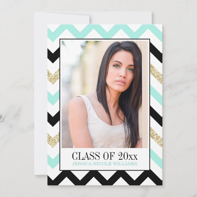 Mint and Gold Glitter Chevron | Graduation Invitation (Front)