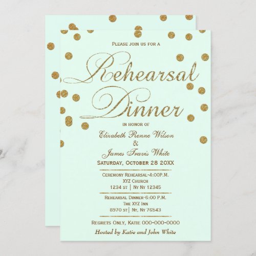 mint and gold glitter rehearsal dinner invitation