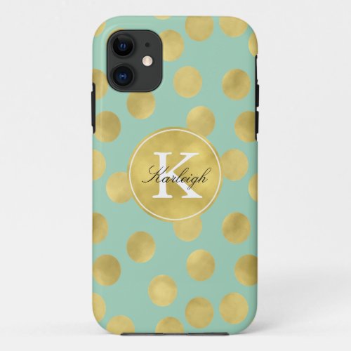 Mint and Gold Glitz Dots Monogram iPhone 11 Case