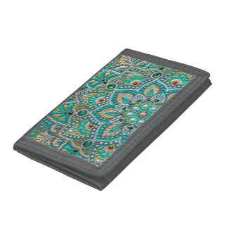 Mint and gold, green boho mandala, dot art tri-fold wallet