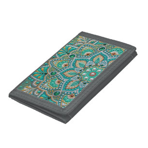 Mint and gold, green boho mandala, dot art trifold wallet