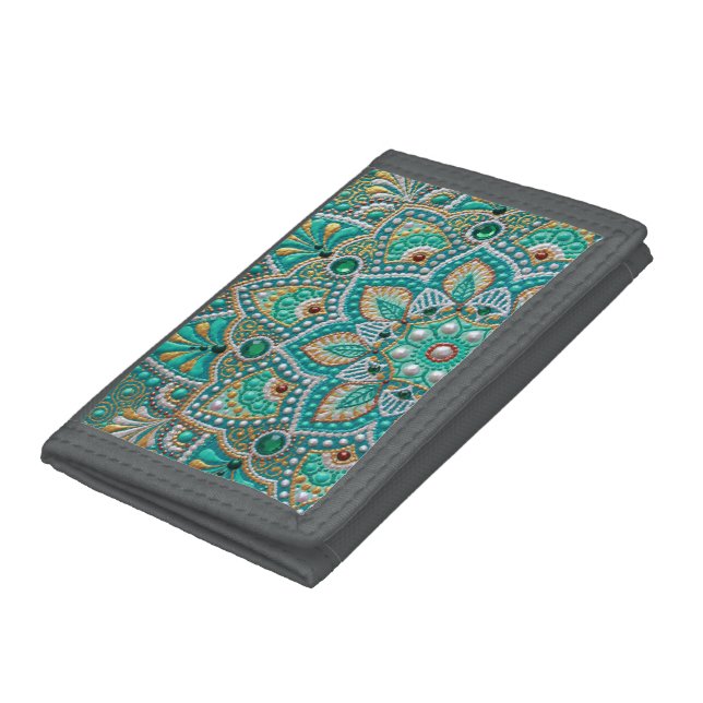 Mint and gold, green boho mandala, dot art trifold wallet (Bottom)