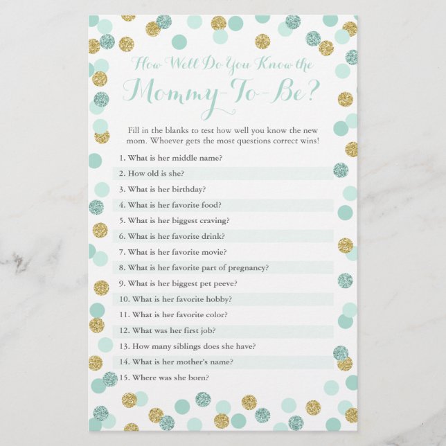 Mint and Gold How Well Do You Know The Mommy Quiz (Front)