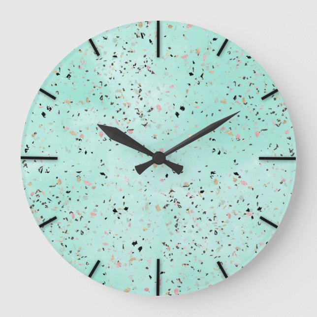 Mint and gold marble terrazzo design Confetti Large Clock (Front)